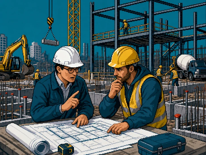 An engineer and site foreperson reviewing construction plans