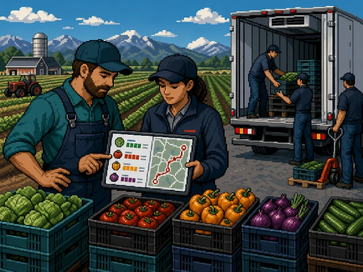 A farmer and distribution partner planning a produce shipment