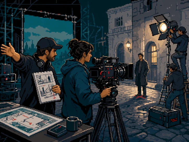 A film director and cinematographer planning a shot