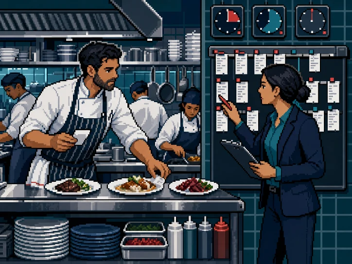A chef and restaurant manager coordinating a dinner service